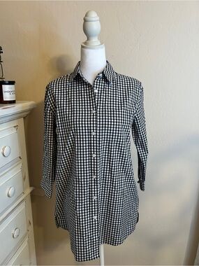 Lands’ End Black White Gingham Button Down Shirt 100% Cotton Size 2 No Iron